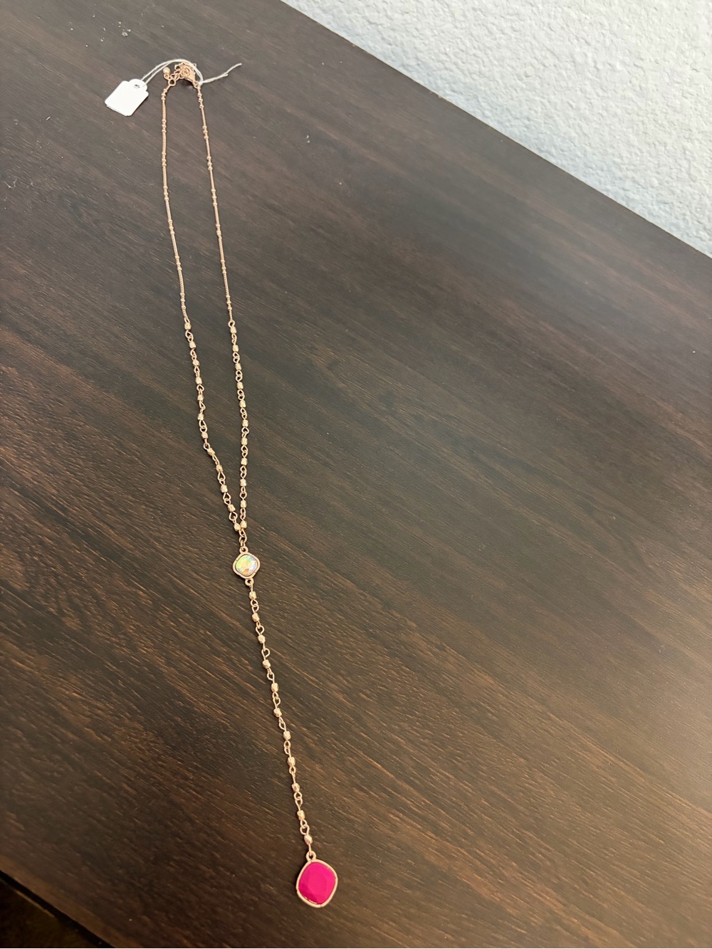 Delicate Rose Gold Lariat Necklace with Pink Pendant